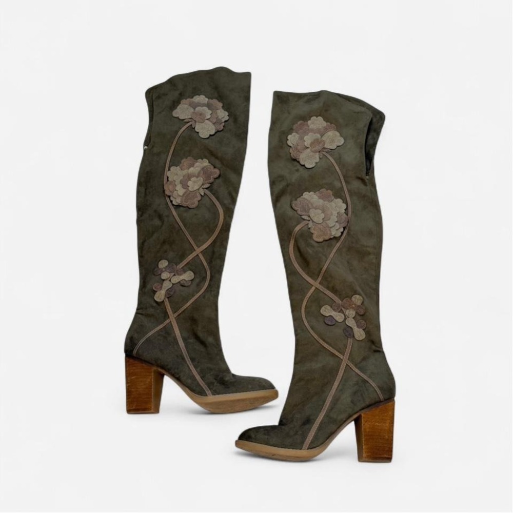 Vintage y2k Not Rated suede green floral design tall knee high boots